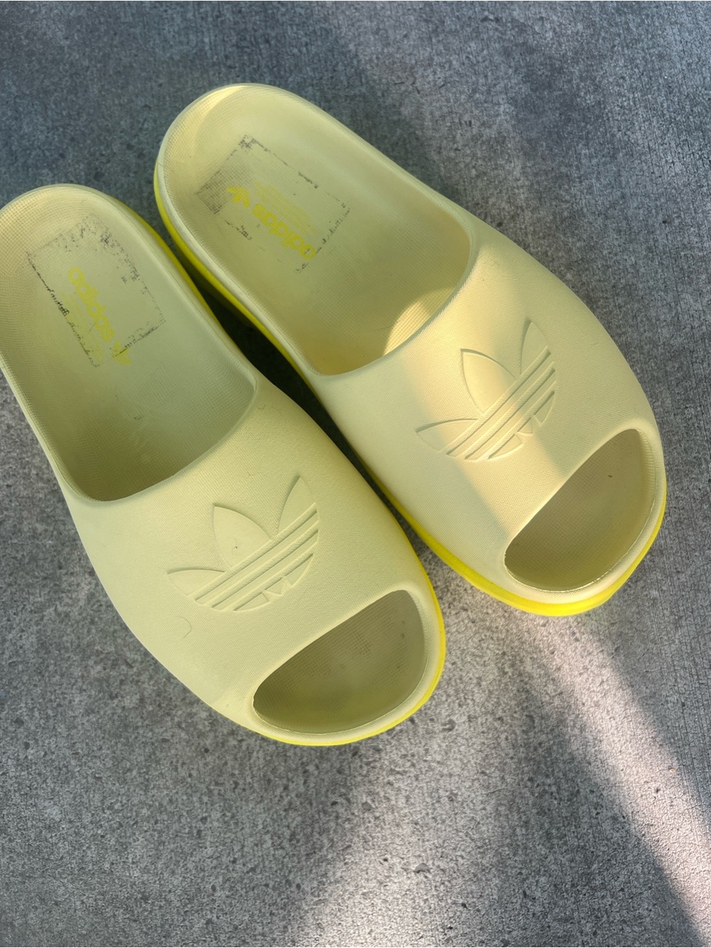 adidas Pale Yellow Slide Sandals with Trefoil